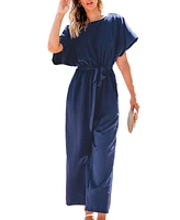 Cupshe Women's Blue Boatneck Short Sleeve Straight Leg Jumpsuit