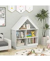 Costway Wooden Kids Dollhouse Bookshelf with Open Shelves Anti-toppling System Bookcase