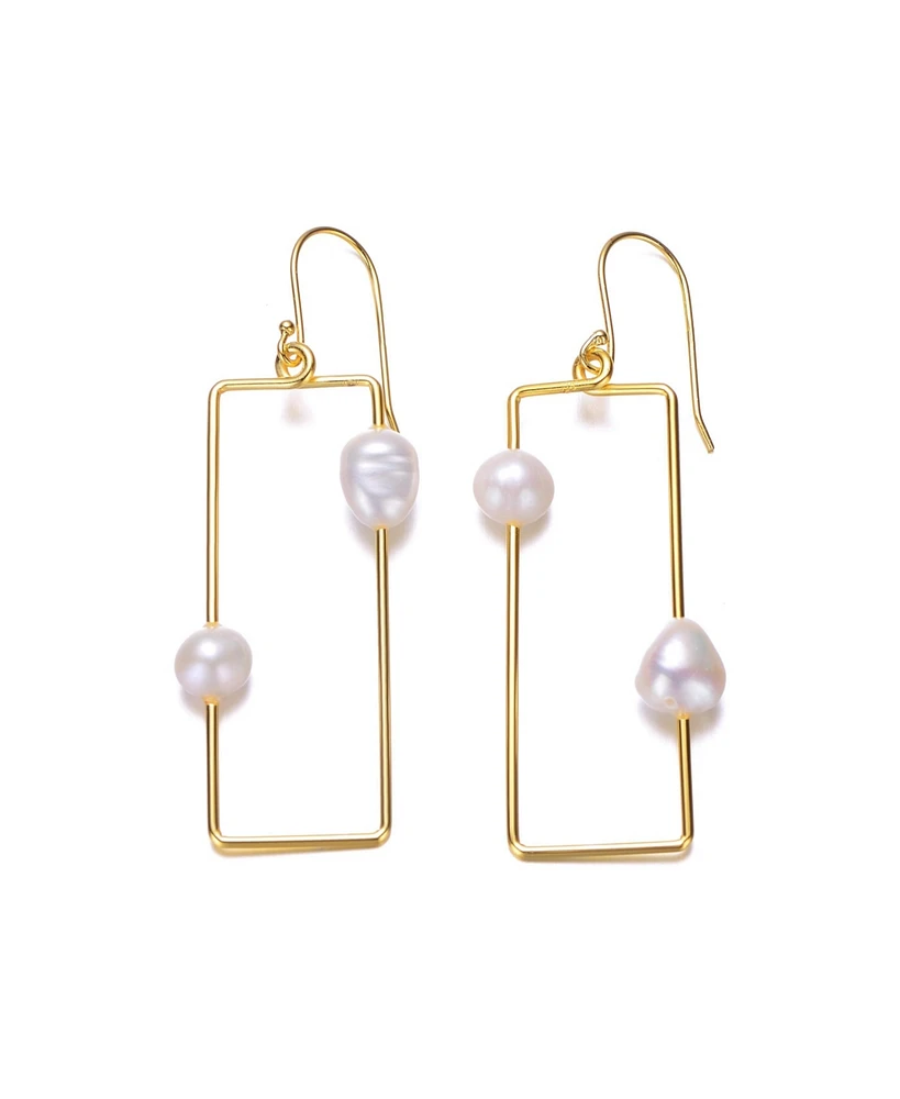 Sterling Silver 14K Gold Plated with Genuine Freshwater Pearl Geometrical Drop Earrings