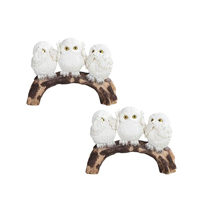 Fc Design "2-pc Gift Set" 8"W Set Snowy Owl Standing on Tree Trunk Acting Hear-No, See-No, Speak-No Evil Stacked Owls Figurine Statue Ornament Home Ro