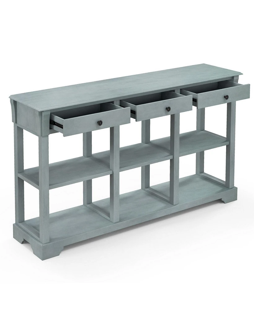 Gouun 58 Inch Retro Console Table with 3 Drawers and Open Shelves Rectangular Entryway Table