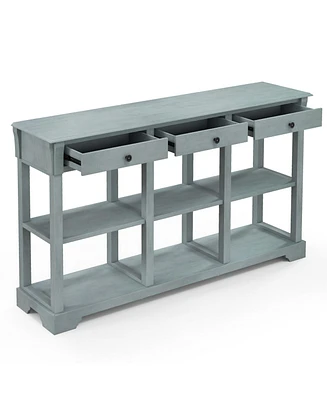 Gouun 58 Inch Retro Console Table with 3 Drawers and Open Shelves Rectangular Entryway Table