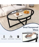 Gouun Glass Table Oval Living Room Table with Cross Base and Acacia Wood Legs