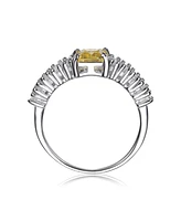 Sterling Silver with White Gold Plated Yellow Asscher with Clear Cubic Zirconia Cluster Ring