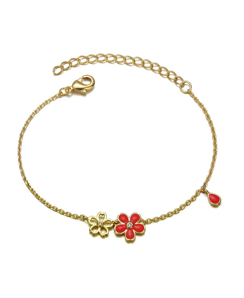 GiGiGirl 14k Yellow Gold Plated Bracelet with Flower Charm having red Enamel for Kids