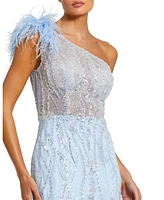 Mac Duggal Women's Feathered One Shoulder Embroidered Applique Gown