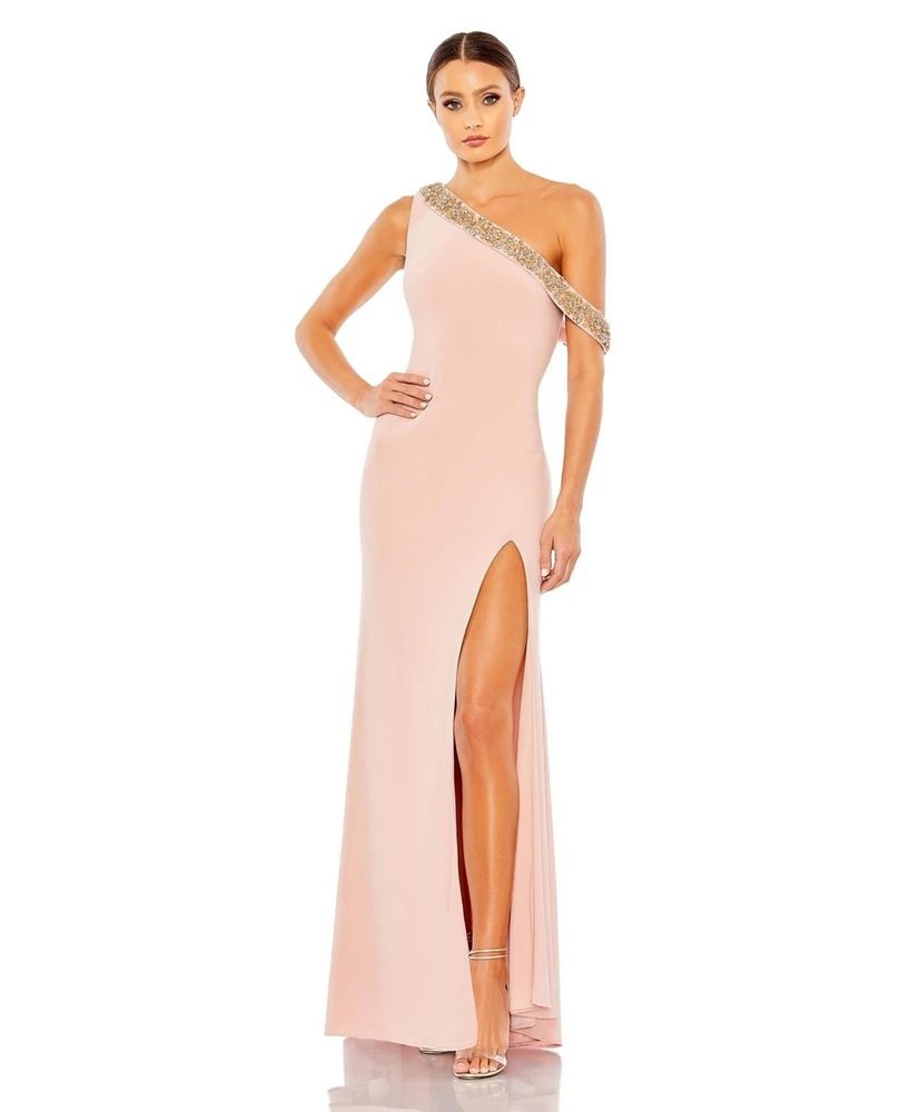 Mac Duggal Women's Beaded Drop Shoulder Jersey Gown