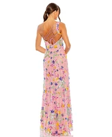 Mac Duggal Women's One Shoulder Floral Sequin Lace Up Gown