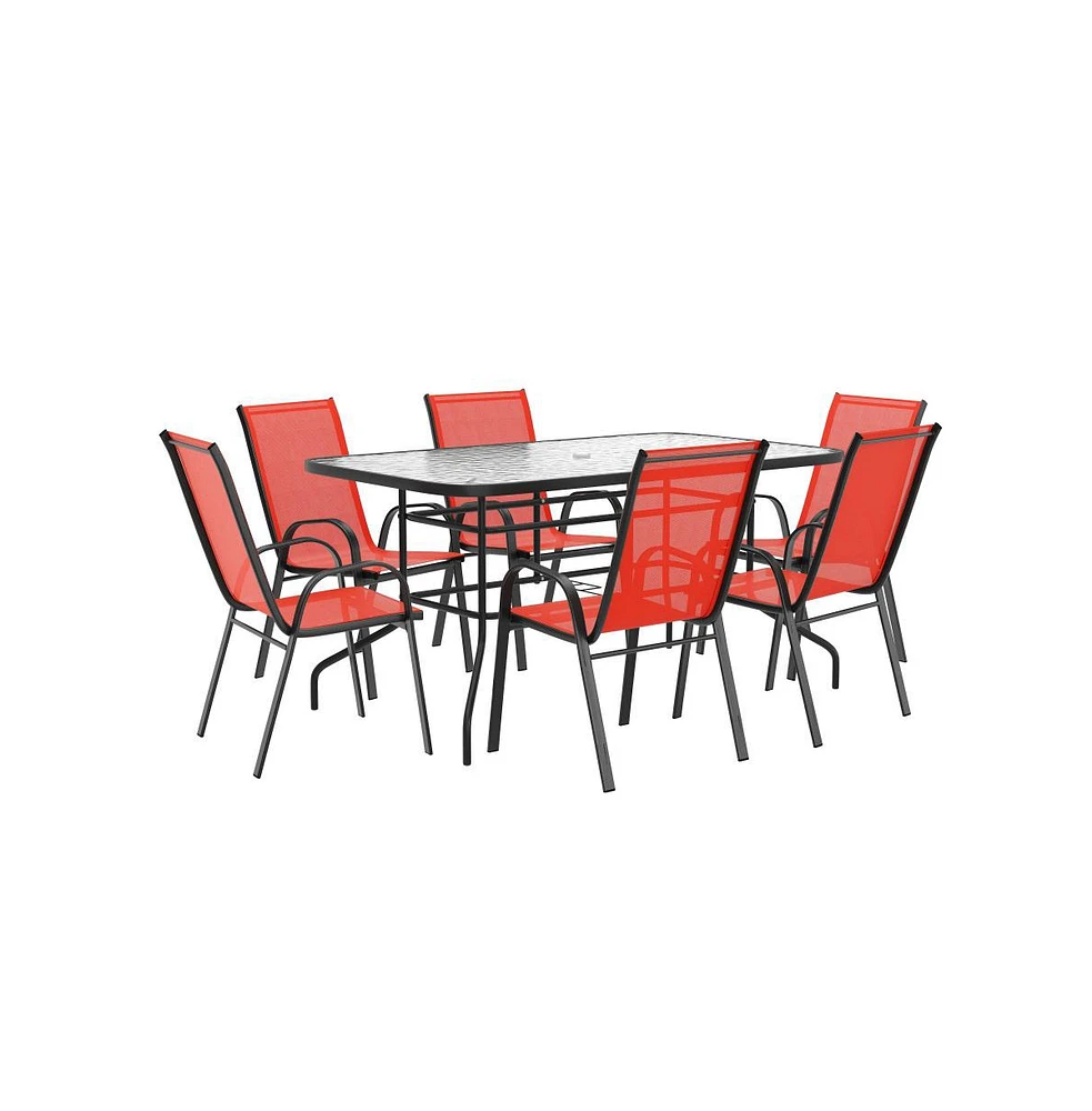 Emma+Oliver Seven Piece Patio Table Set With Metal Table With Tempered Glass Top And 6 Flex Comfort Stacking Chairs