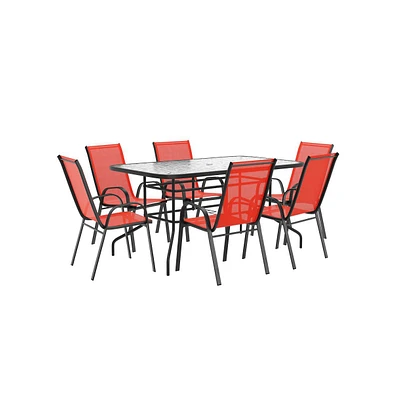Emma+Oliver Seven Piece Patio Table Set With Metal Table With Tempered Glass Top And 6 Flex Comfort Stacking Chairs