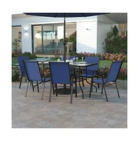 Emma+Oliver Seven Piece Patio Table Set With Metal Tempered Glass Top And 6 Flex Comfort Stacking Chairs