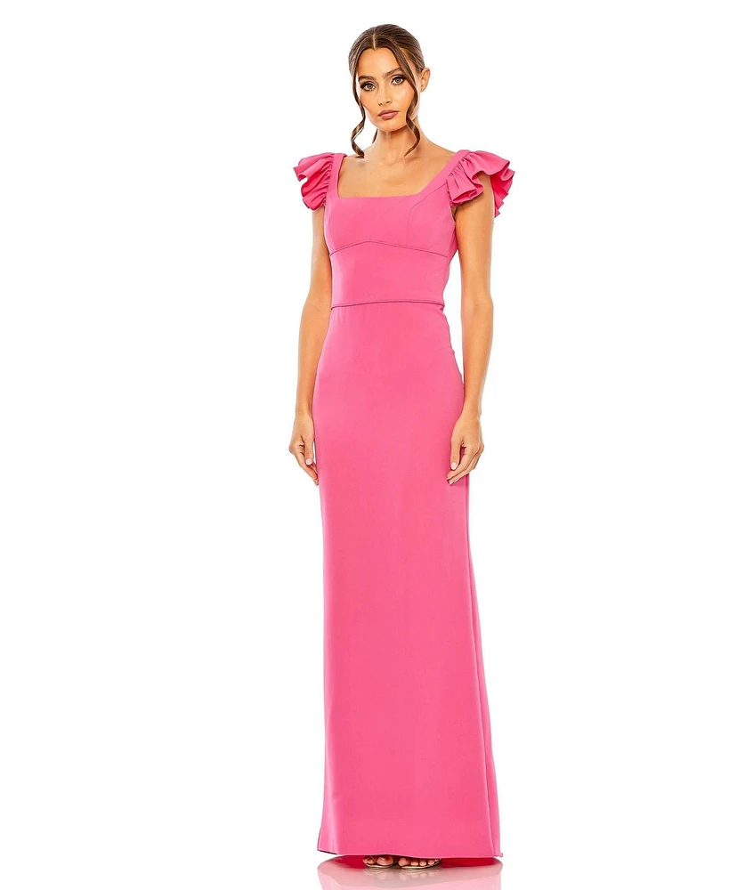 Mac Duggal Women's Ruffle Cap Sleeve Open Back Column Gown