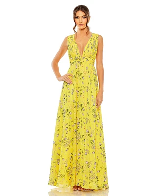 Mac Duggal Women's Floral Print V-Neck Ruched Gown