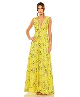 Mac Duggal Women's Floral Print V-Neck Ruched Gown