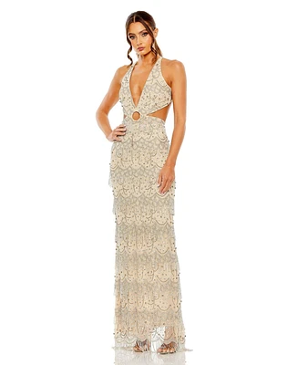 Mac Duggal Women's Open Back Cut Out Fringe Embellished Gown