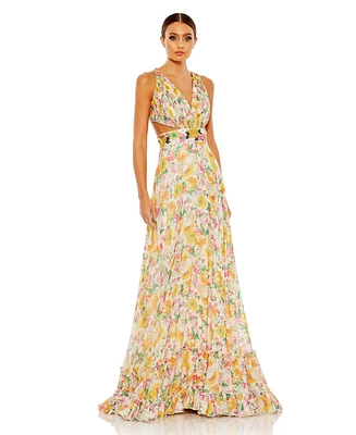 Mac Duggal Women's Floral Print Cut Out Lace Up Tiered Gown