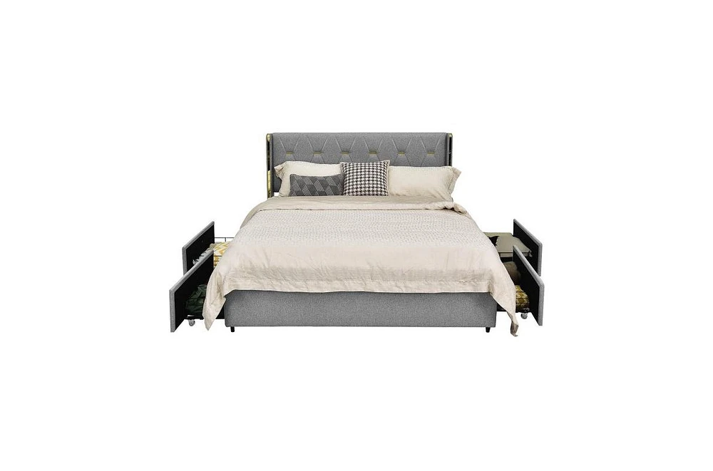 Slickblue Linen Upholstered Platform Bed with Headboard and 4 Storage Drawers