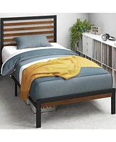 Slickblue Twin Metal Platform Bed Frame with Wood Slatted Headboard and Footboard for Stylish Support