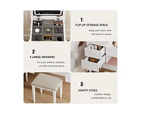 gaomon 47" Makeup Vanity Desk with Flip Top Mirror and Lights, 3 Lighting Mode, 3 in 1 Vanity Table with 5 Drawers