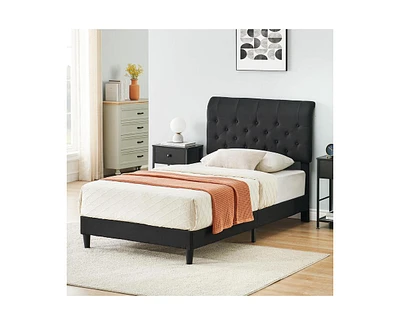 gaomon Twin Size Platform Bed Frame, Modern Balck Upholstered Bed Frame with Adjustable Headboard, Button Tufted Decor, Noise Free Wood Slats Mattress