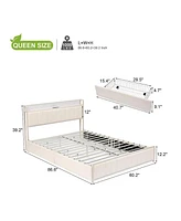 gaomon Queen Size Bed Frame with Storage Headboard, Bed Frame with Faux Leather Headboard & Footboard, Strong Wood Slats, No Box Spring Required