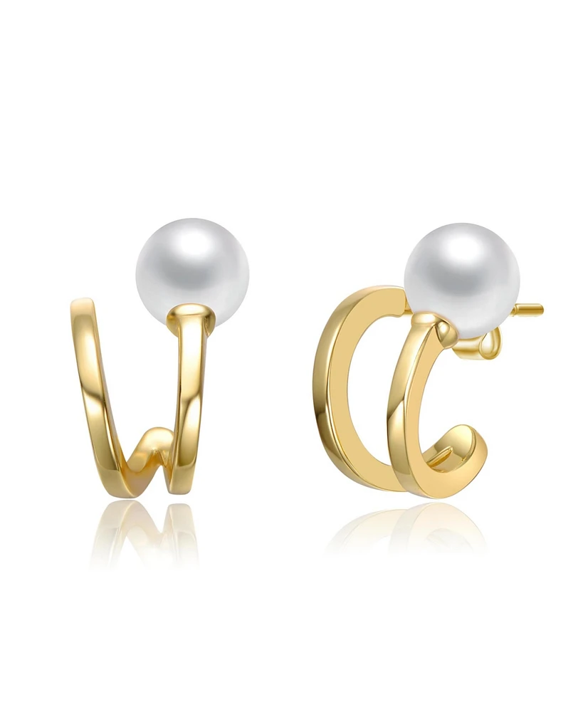 Genevive Sterling Silver 14K Gold Plated with White Freshwater Pearl Curved Earrings