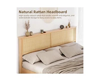 gaomon Natural Rattan Full Size Bed Frame with Sliding Barn Door Storage Cabinets and Headboard