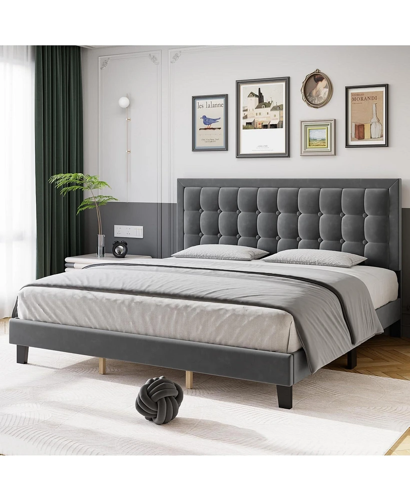 gaomon Platform Bed Frame with Upholstered Button Tufted Headboard, Metal Foundation with Wood Slats Support No Box Spring Needed for Bedroom