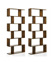 Gymax 2 Pcs 6 Tier S-Shaped Bookshelf Storage Display Bookcase Z-Shelf Coffee