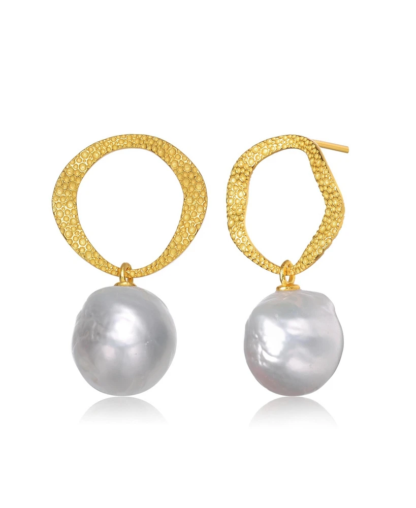 Genevive Sterling Silver 14K Gold Plated with Genuine Freshwater Button Pearl Drop Earrings