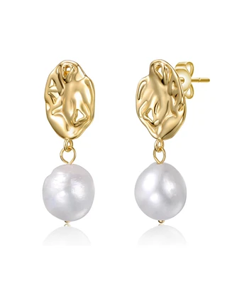 Genevive Sterling Silver 14K Gold Plated with White Freshwater Pearl Crinkled Drop Earrings