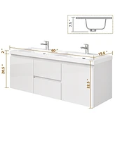 Lovmor 60 in. Floating White Bath Vanity with Double Sink Combo Set