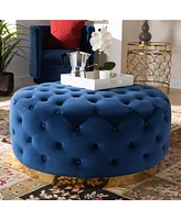 Baxton Studio Sasha Glam and Luxe Royal Blue Velvet Fabric Upholstered Gold Finished Round Cocktail Ottoman