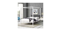 Slickblue Metal Canopy Bed Frame with Grey Fabric Upholstered Headboard