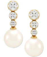 Honora Cultured Ming Pearl (8mm) & Diamond (1/5 ct. t.w.) Graduated Cluster Drop Earrings in 14k Gold