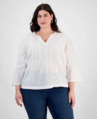 Charter Club Plus Linen Pintucked Blouse, Exclusively at Macy's