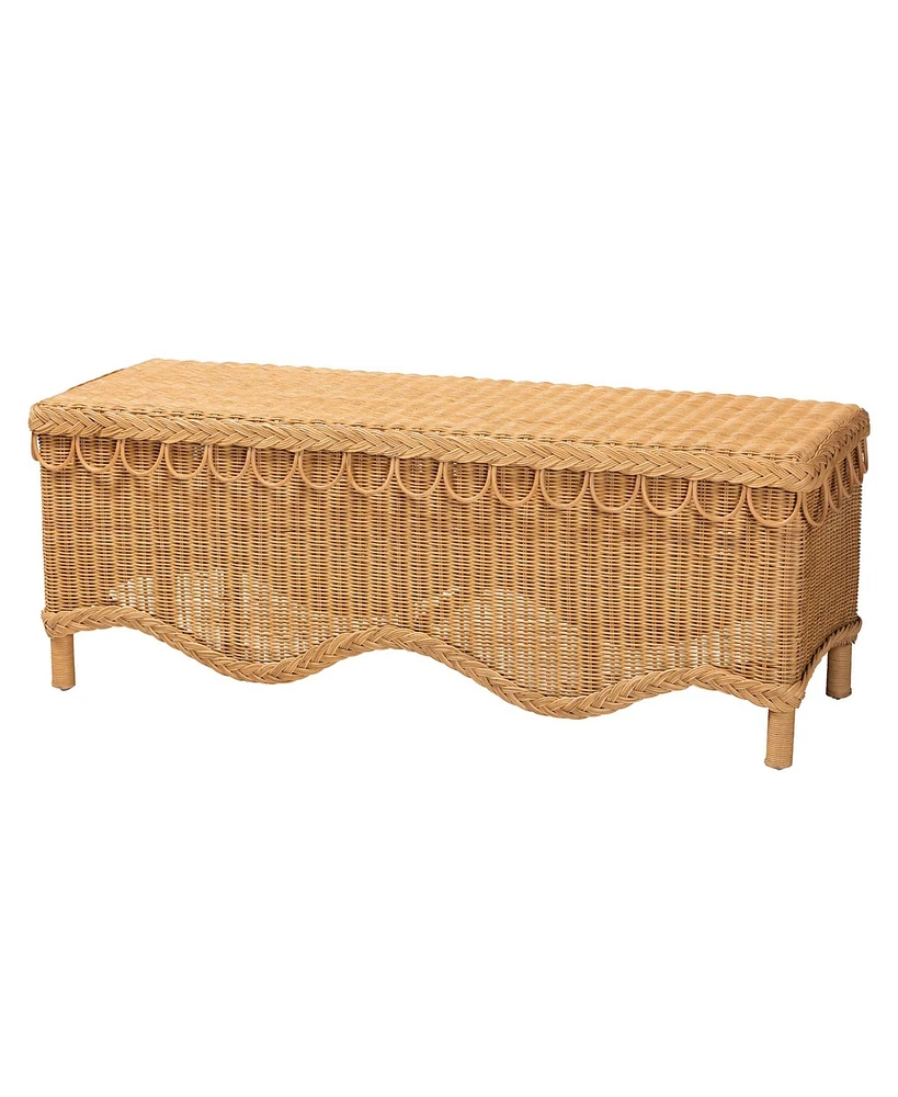 bali & pari Erla Bohemian Light Honey Rattan Accent Bench with Scallop border