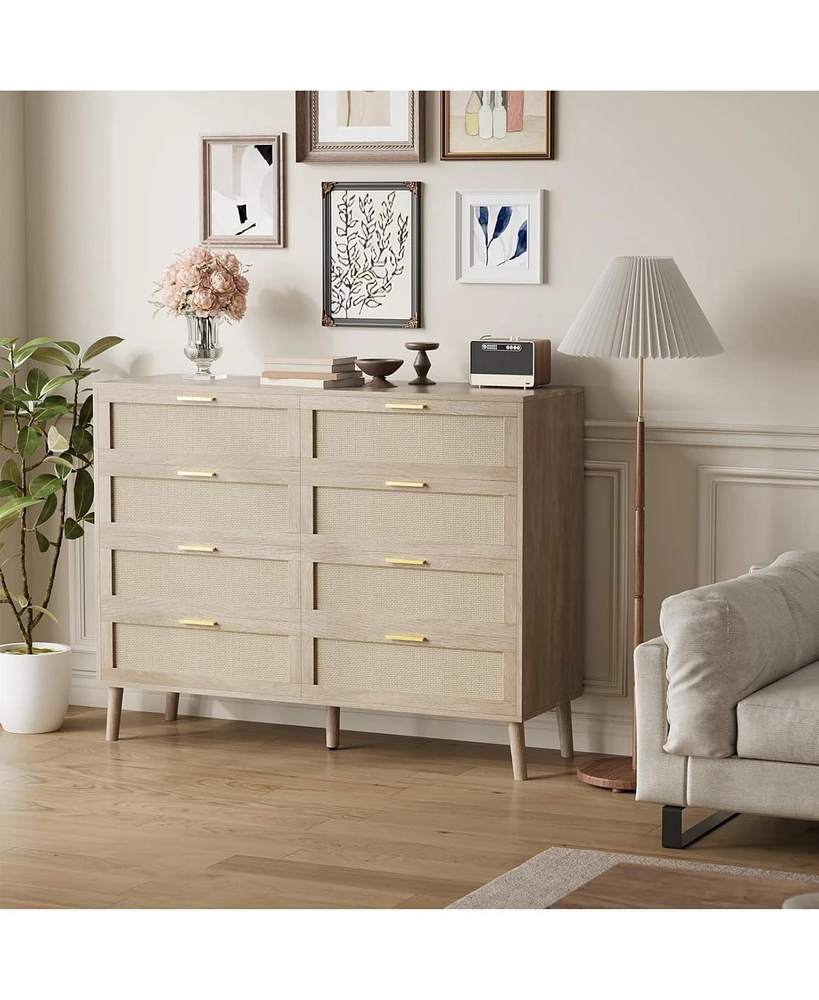gaomon 8 Drawer Rattan Dresser, 47.2" x 15.7" x 37" Rattan Chest of Dressers, Mid Century Modern Dresser for Closet with Handles, Large Table Top, Dre