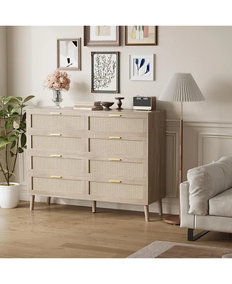 gaomon 8 Drawer Rattan Dresser, 47.2" x 15.7" x 37" Rattan Chest of Dressers, Mid Century Modern Dresser for Closet with Handles, Large Table Top, Dre