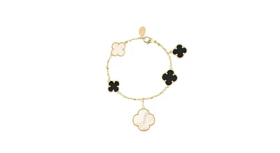 Rivka Friedman Mother of Pearl and Onyx Dangling Clover Charm Bracelet