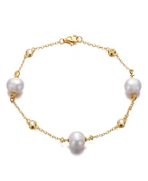 Genevive 14k Yellow Gold Plated with Freshwater Pearl & Cubic Zirconia Bezel Station Bracelet