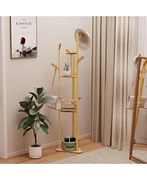 Unho Sturdy Garment Clothes Stand: Natural Bamboo Coat Rack Hat Hanger Stand with Shelves