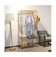 Unho Bamboo Wooden Rolling Clothes Rail: Garment Hanging Stand with Storage Shelves