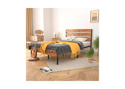 Slickblue Industrial Platform Bed Frame with Wood Slatted Headboard Footboard