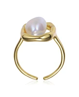 Genevive Sterling Silver 14K Gold Plated with Genuine Freshwater Pearl Ring