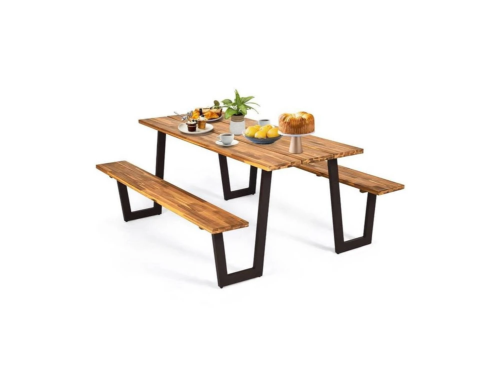 Slickblue Modern Wooden Picnic Table with 2 Benches for Stylish Outdoor Dining and Relaxing