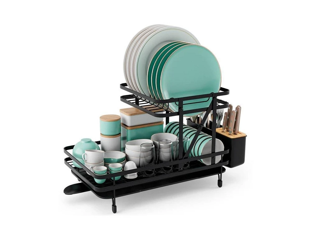 Slickblue 2-Tier Foldable Dish Rack with Removable Drip Tray for Easy Kitchen Organization