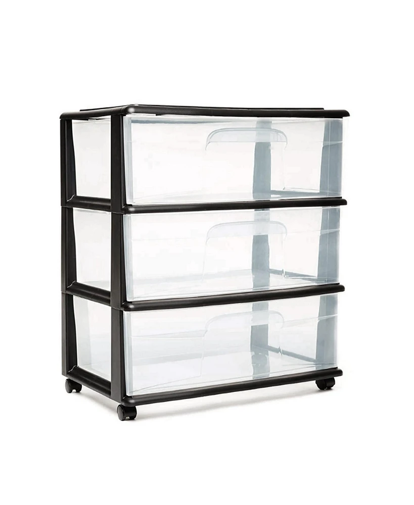 Homz Tall Solid Plastic 3 Drawer Medium Storage Cart with Caster Wheels, Black