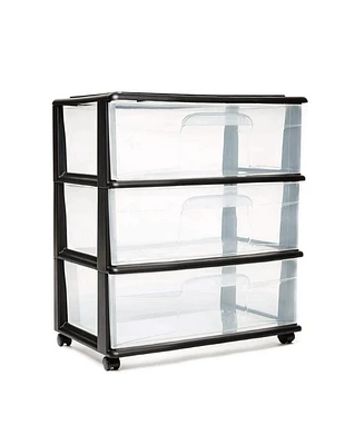 Homz Tall Solid Plastic 3 Drawer Medium Storage Cart with Caster Wheels, Black
