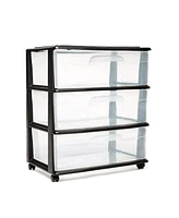 Homz Tall Solid Plastic 3 Drawer Medium Storage Cart with Caster Wheels, Black